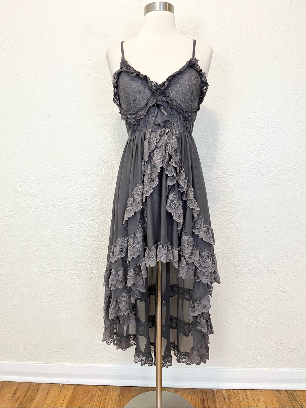 Joyfolie Mesh Dress Ruffle Charcoal Gray Witchy Bohemian Whimsigoth Small S